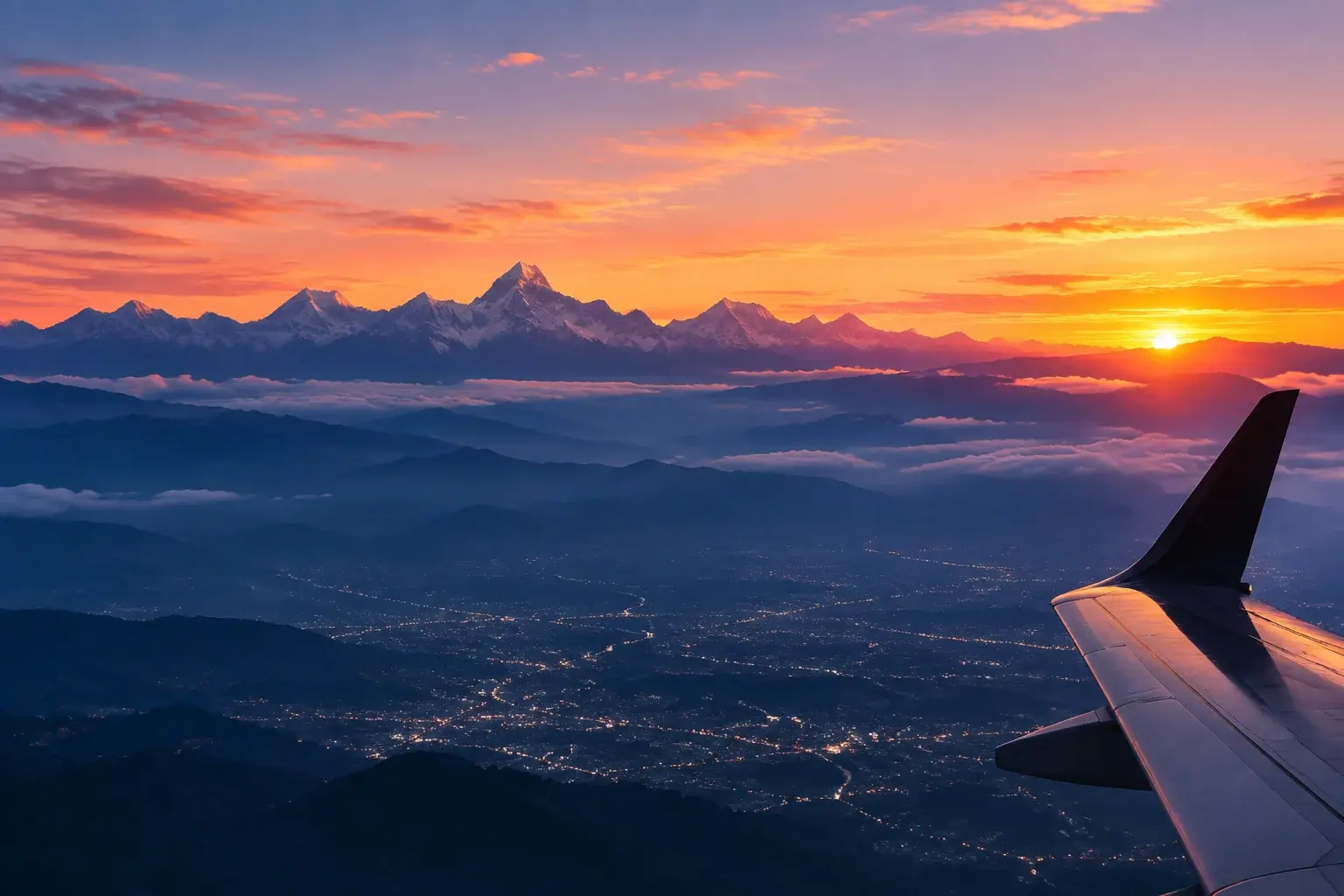 Dawn departure over the Himalaya, valley lights below