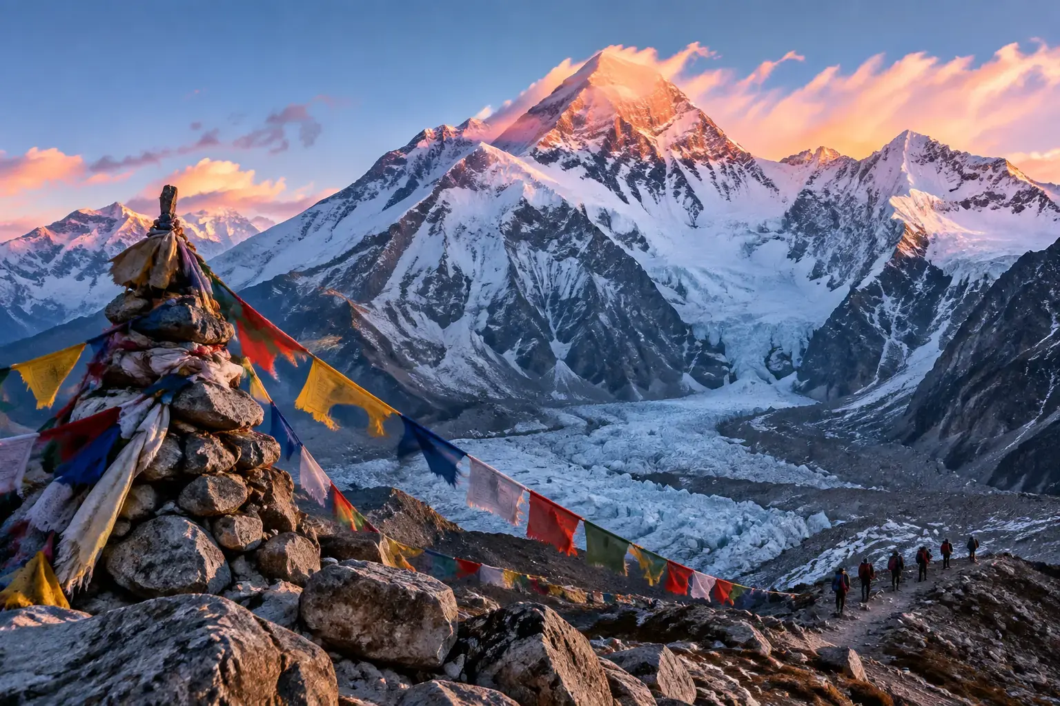 Mount Everest at sunrise with prayer flags in the foreground