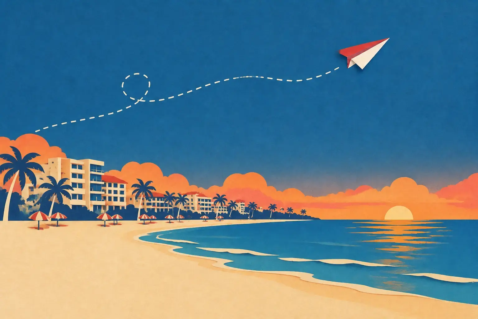 Paper airplane over a beach with hotels and palm trees at sunset