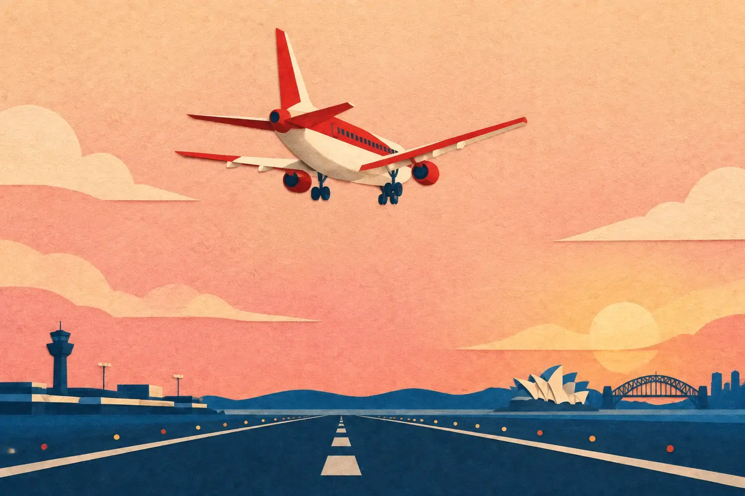 Paper airplane with landing gear down descending over a Sydney runway at dawn