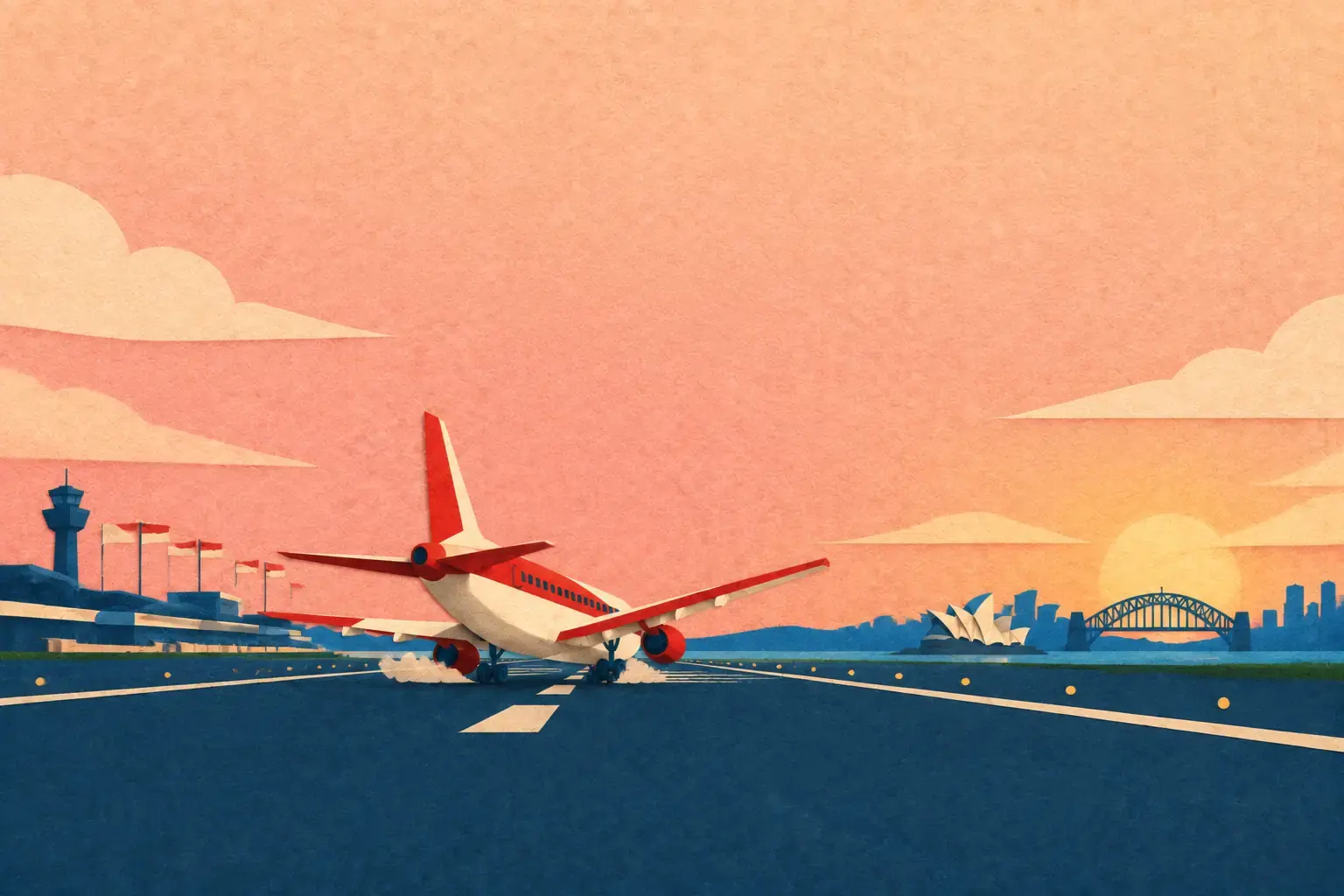 Paper airplane touching down on a Sydney runway with the city skyline behind