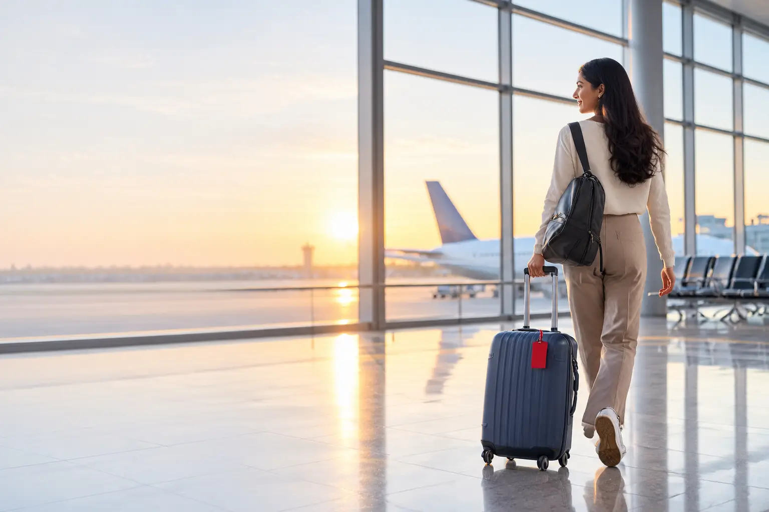 Young Nepali professional walking through an airport terminal toward her flight at dawn