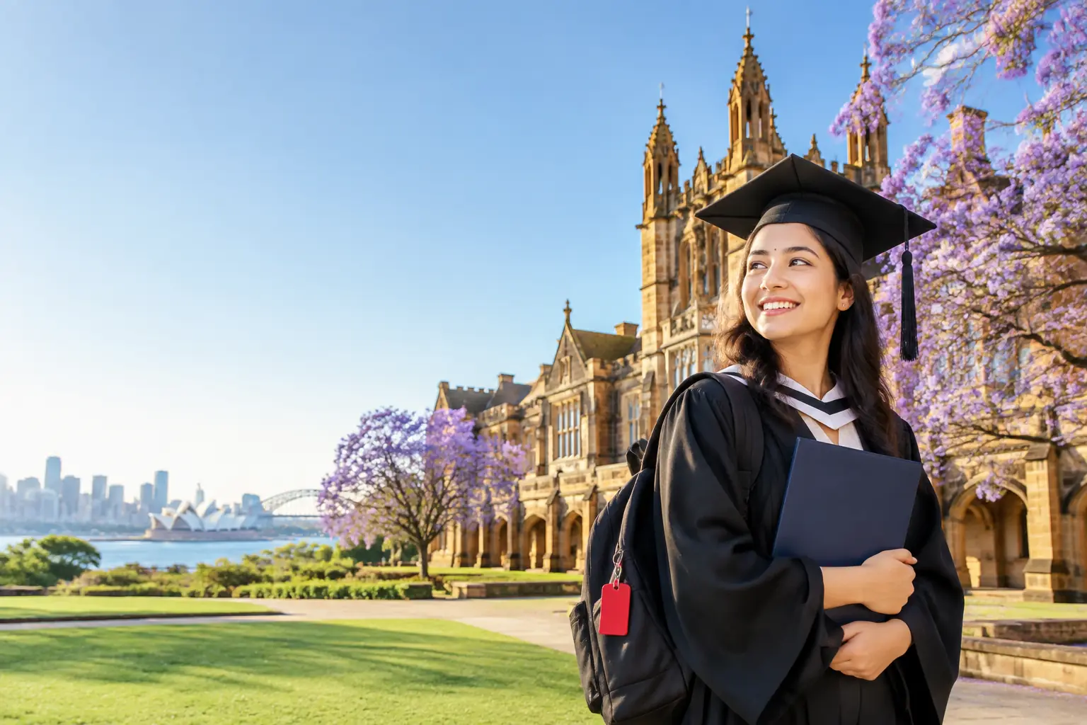 Nepali graduate before a sandstone Australian university with the harbour skyline behind