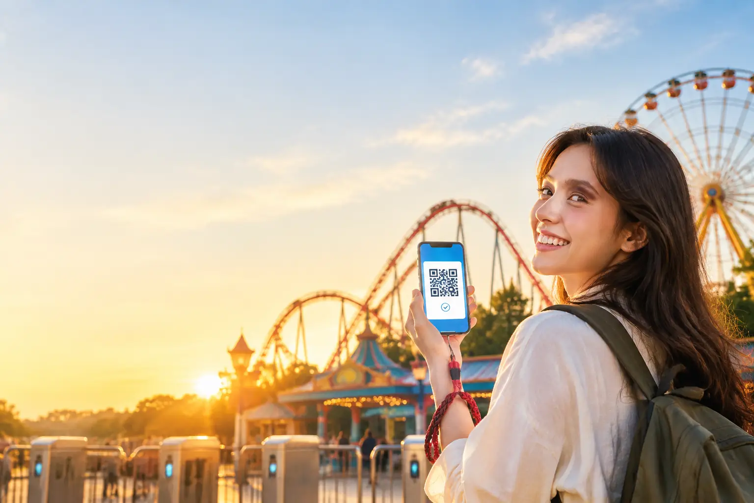 Traveler holding a phone with a QR entry ticket at an amusement park gate at golden hour